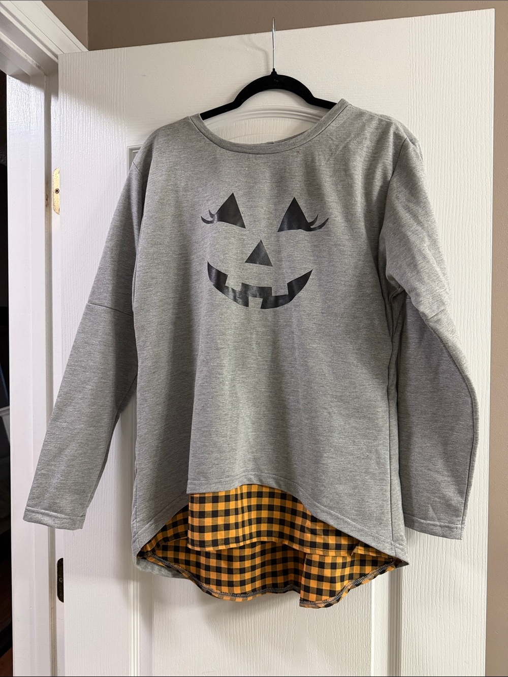 Halloween Grey Jack lantern Layered Plaid Hem Sweatshirt